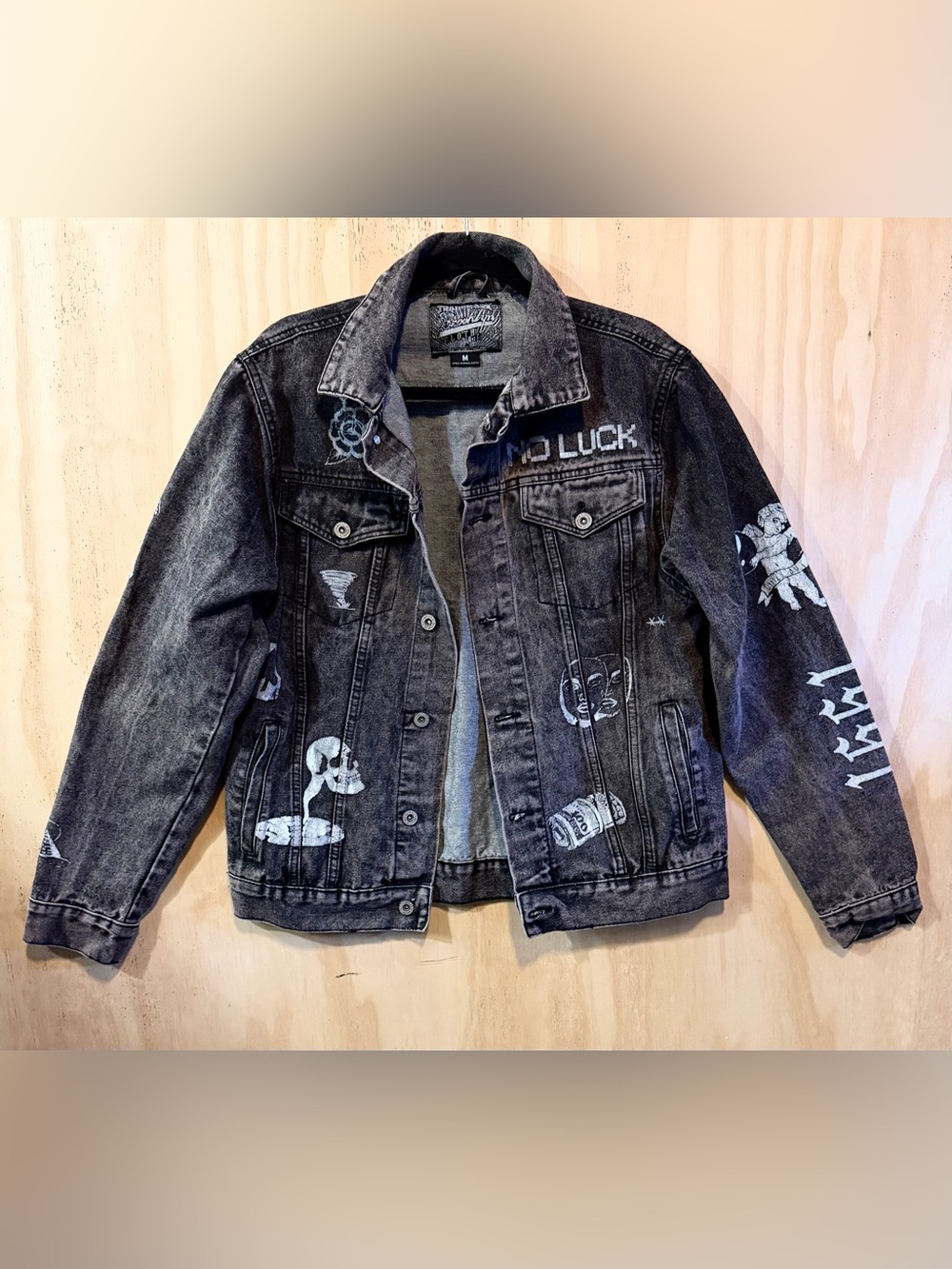 Brooklyn Cloth Graphic Jean Jacket Size M Washed Black Punk Underground EUC